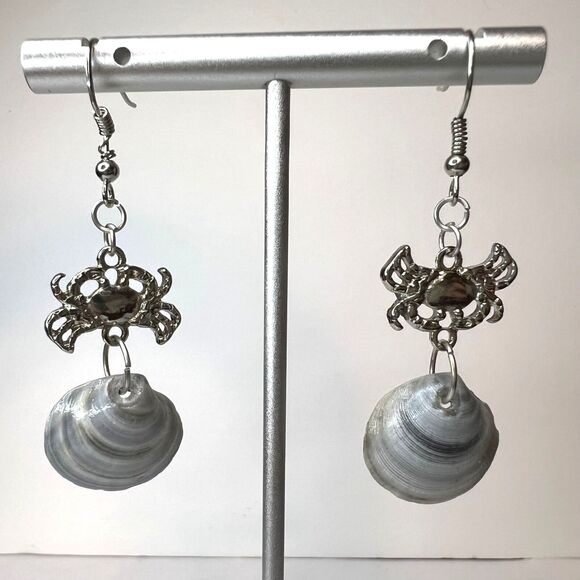 Dangle Earrings Genuine Handcrafted Seashell Crab Shades of Blue Gray Coastal - Picture 3 of 10